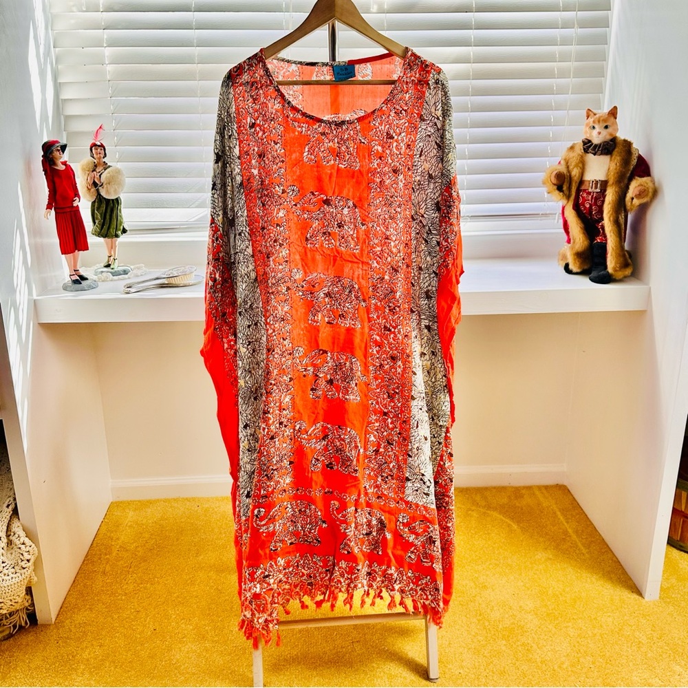 SB Fashion Free Flowing Orange Elephant Print Swim Beach Coverup Dress